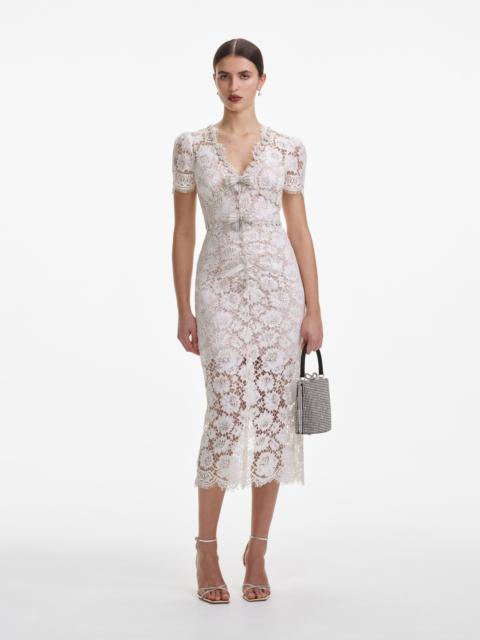 self-portrait Cream Fine Lace Pearl Midi Dress