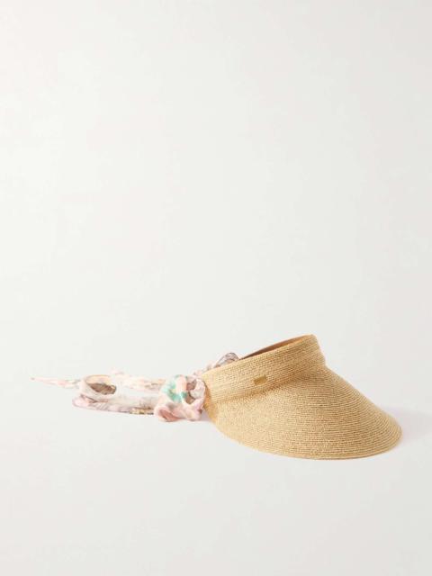 Printed chiffon-trimmed woven raffia visor Beige