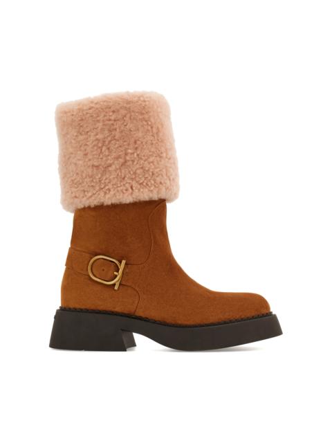 FERRAGAMO Zaki Shearling-Trimmed Leather Boots brown