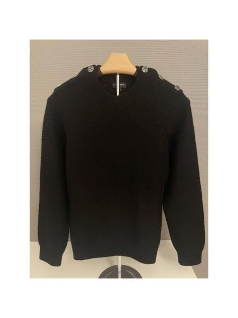Chanel Womens Black Wool Knit Sweater With Silver Button Shoulder Detail