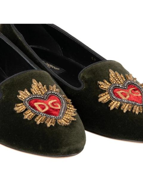 Dolce & Gabbana Velvet Ballet Flats AUDREY Sacred Heart Embroidery Green 10021