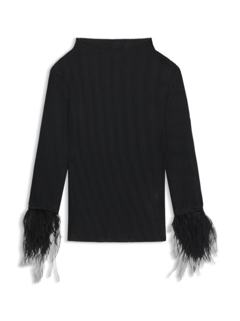 BOSS PLISSÉ JACQUARD TOP WITH DETACHABLE FEATHER CUFF TRIMS
