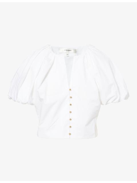 FRAME Balloon-Sleeve Cropped Cotton-Poplin Blouse
