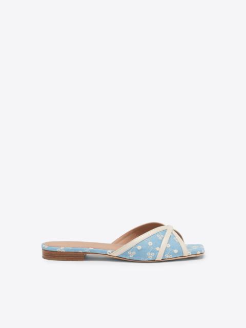 MALONE SOULIERS Perla Blue Floral Denim Flat Sandals