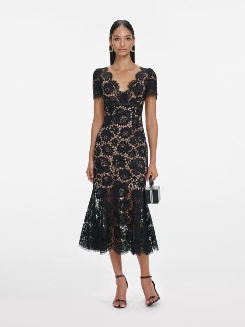 self-portrait Black Floral Lace Midi Dress