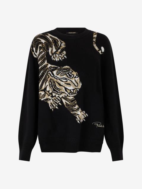Roberto Cavalli Oversized Wool Sweater with Tiger Motif