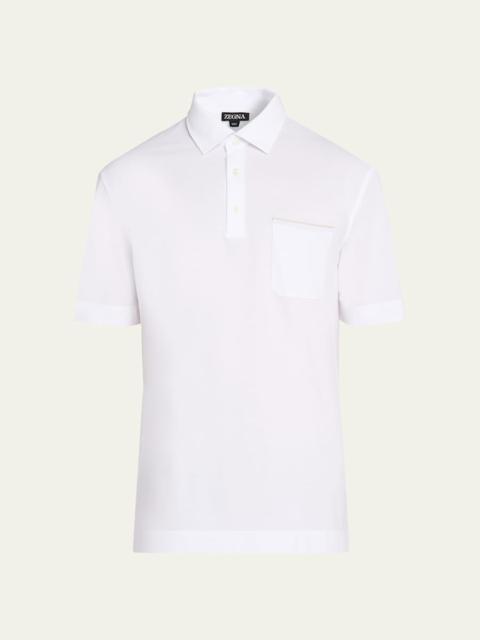ZEGNA Men's Cotton Polo Shirt with Leather-Trim Pocket