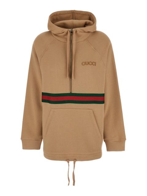 GUCCI Gucci Women Beige Hoodie With Logo Lettering On The Front And Web Detail On The Front In Cotton Woma