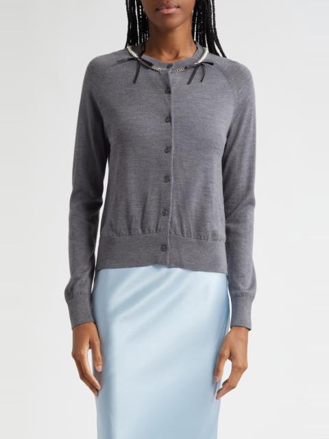 Simone Rocha Simone Rocha Classic Long Sleeve Merino Wool & Silk Cardigan with Faux Pearl Detail in Charcoal/Pear