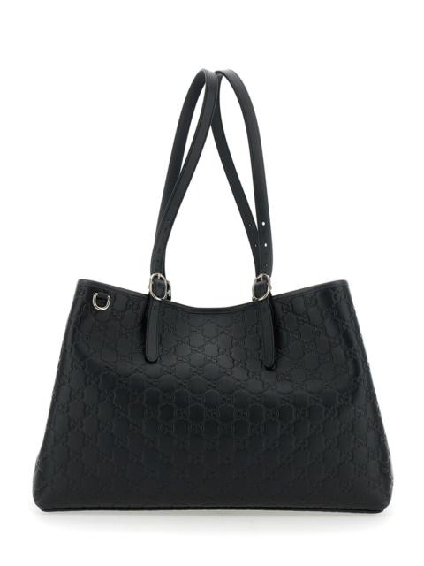 GUCCI Gucci Women 'Gg Emblem' Black Big Tote Bag With Two Top Handles And All-Over Gg Embroidery In Leathe