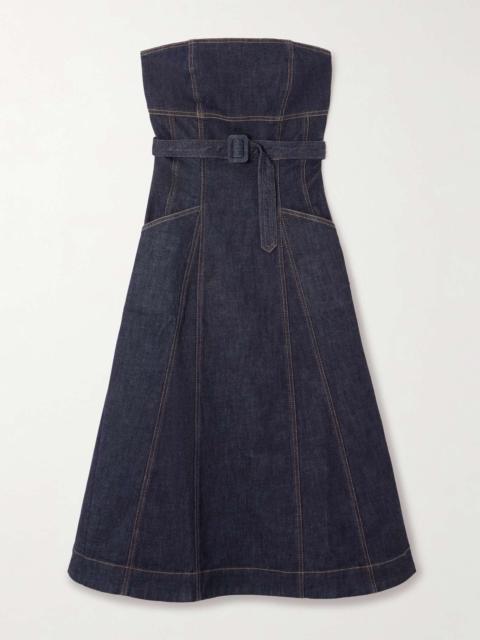 Strapless belted paneled denim midi dress Blue