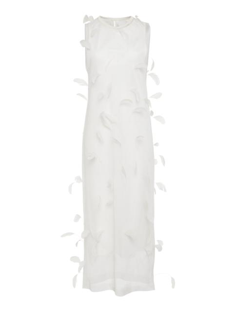 Jil Sander Feather-Embroidered Silk Midi Dress white