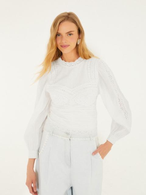 FARM RIO Off-White Crew Neck Long Sleeve Crochet Blouse