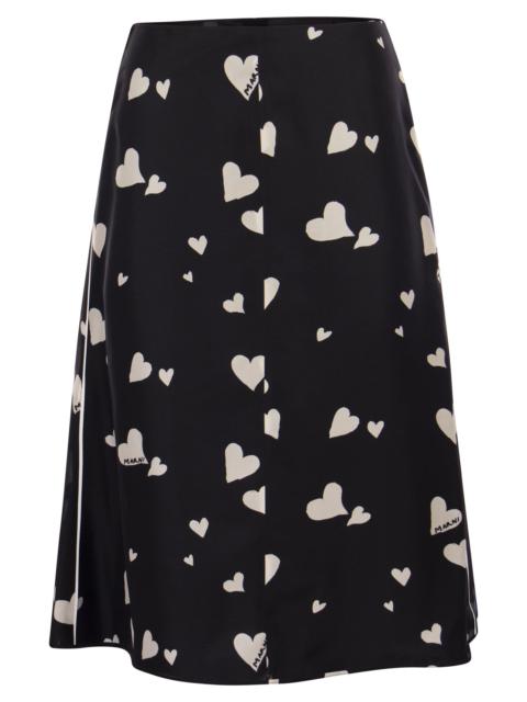 Marni Bunch Of Hearts Print Silk Flared Skirt