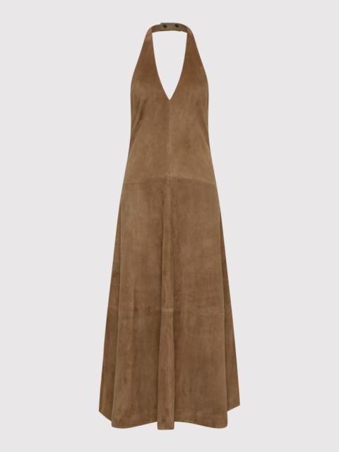 ST. AGNI Suede Halter Plunge Dress - Toffee