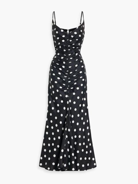 CAROLINA HERRERA Ruched cutout polka-dot satin-twill midi dress
