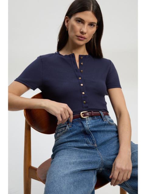 KAREN MILLEN Viscose Rib Button Up Crew Neck Tshirt