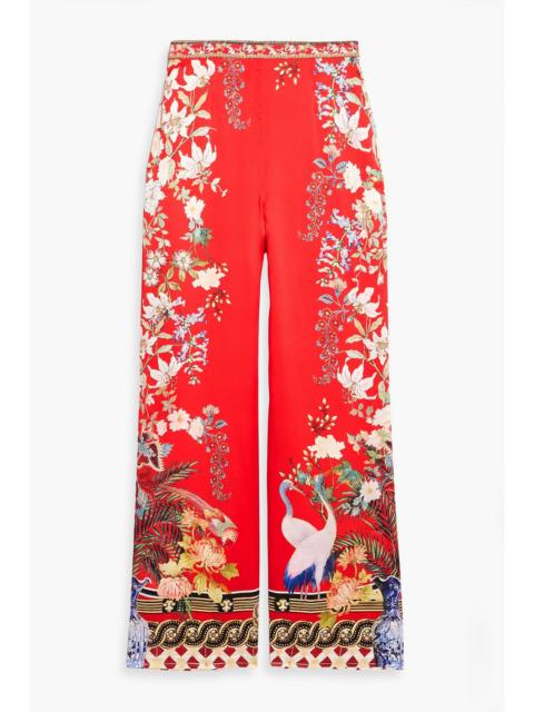 CAMILLA Crystal-embellished printed silk-satin wide-leg pants