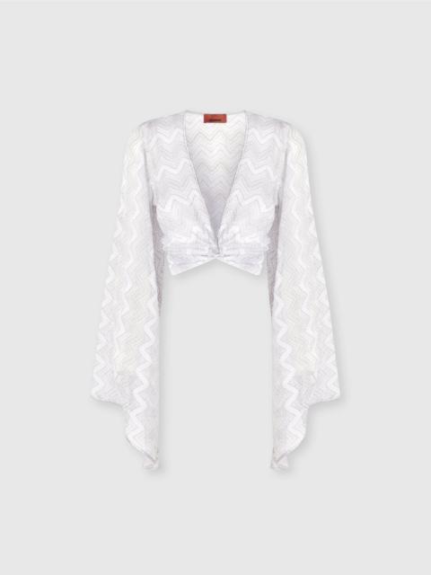 Missoni Crop top with wide sleeves and front knot in zig zag lamé viscose