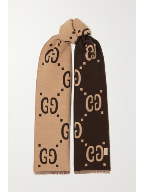 Fringed wool and silk-blend jacquard scarf
