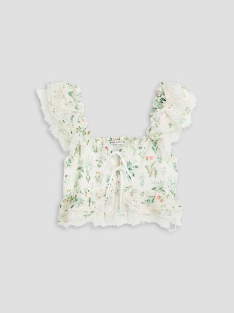 Alice + Olivia Cropped lace-trimmed floral-print crepe top