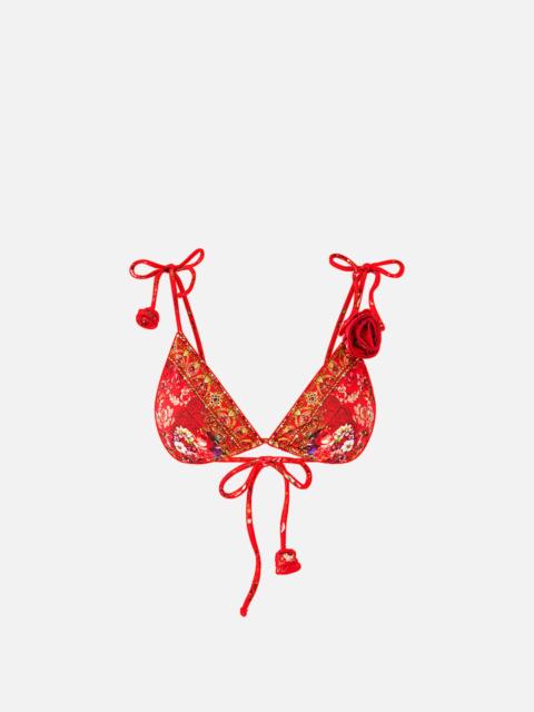 CAMILLA TIE SHOULDER TRI BIKINI TOP W ROSETTE DETAIL