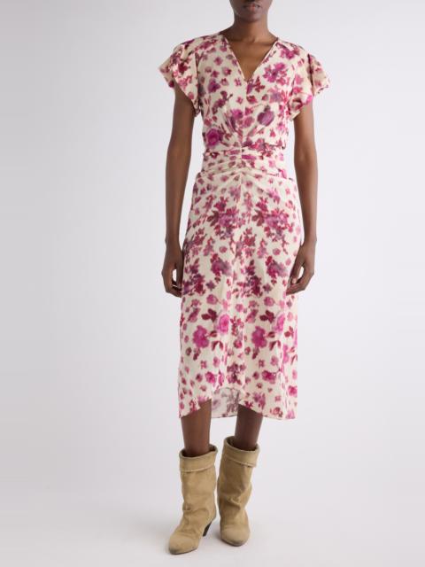 Isabel Marant Isabel Marant Terenae Ikat Print Bubble Sleeve Stretch Silk Midi Dress in Pink at Nordstrom
