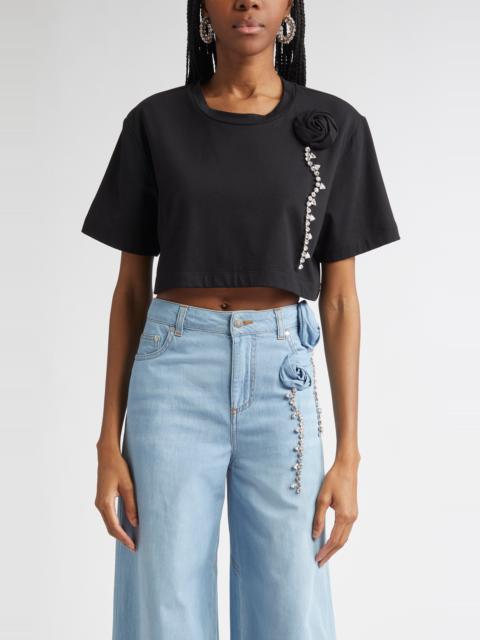 AREA Area Crystal Rosette Crop T-Shirt in Black at Nordstrom