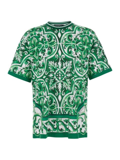 Dolce & Gabbana Dolce & Gabbana Men Green T-Shirt With All-Over Maiolica Print In Cotton For Men