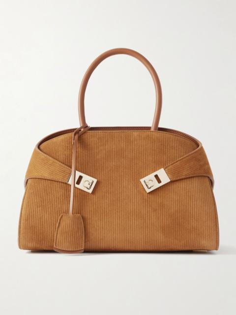 FERRAGAMO Hug Grainy small embellished leather-trimmed ribbed suede tote Bronze