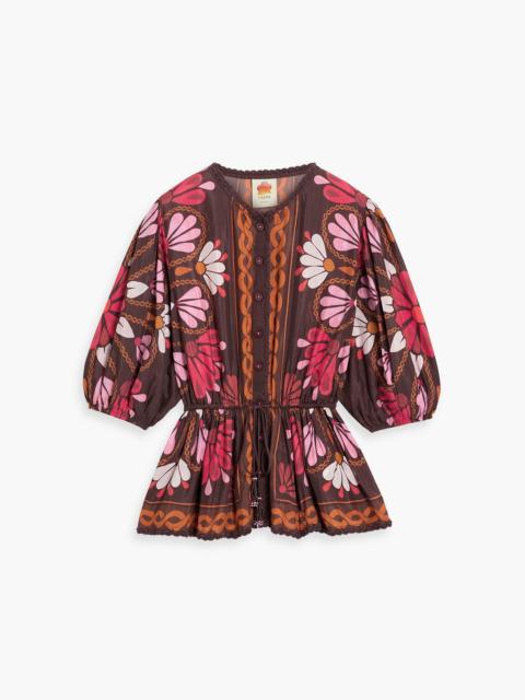 FARM RIO Crochet-trimmed floral-print cotton-blend voile blouse