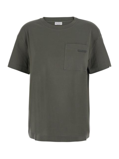 Brunello Cucinelli Brunello Cucinelli Women Green T-Shirt With Monile Detail Applied On The Front In Cotton For Women