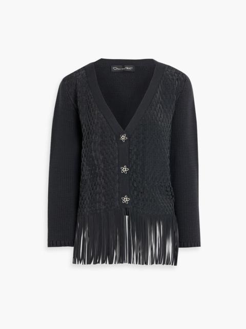 Oscar de la Renta Fringed crepe de chine-paneled cotton-blend cardigan