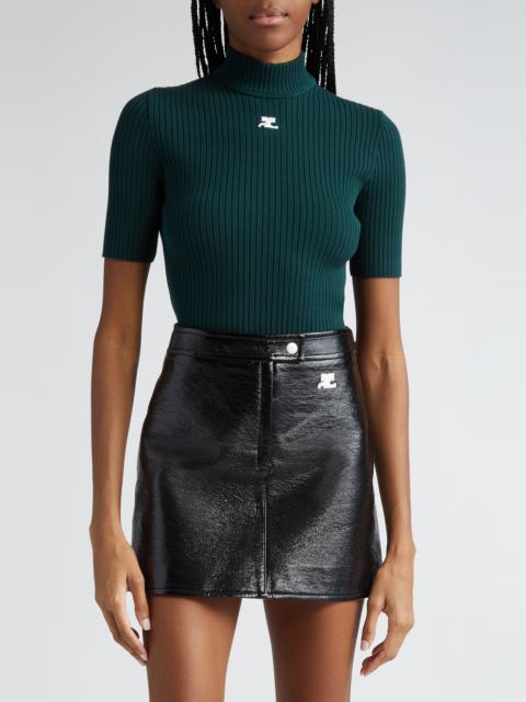courrèges Courrèges Embroidered Logo Mock Neck Rib Sweater in Dark Green at Nordstrom