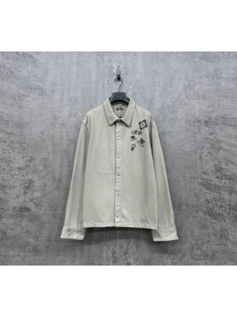 Dior DIOR Distressed Washed Grey Denim Jacket with Embroidered Logo