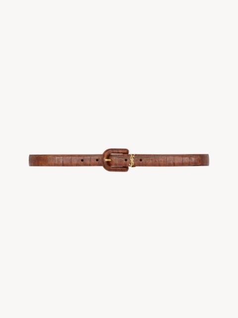 SAINT LAURENT CASSANDRE COVERED U BUCKLE THIN BELT IN CROCODILE-EMBOSSED LEATHER