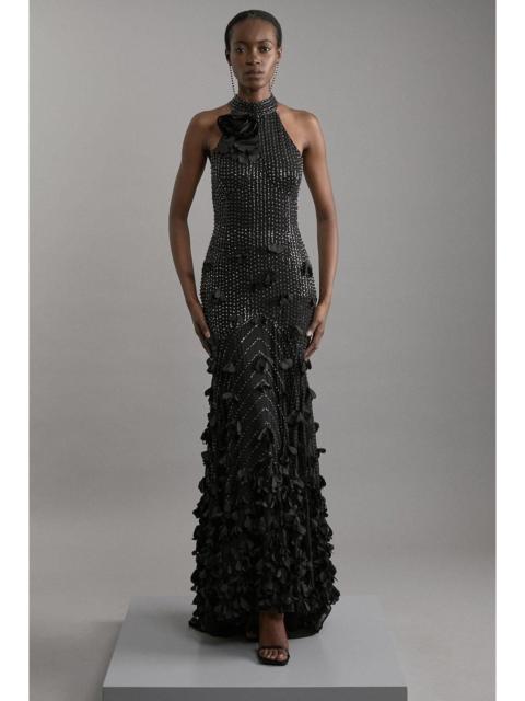 KAREN MILLEN Crystal Applique Woven Maxi Rosette Maxi Dress