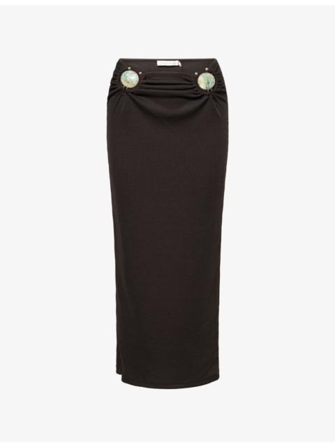 CHRISTOPHER ESBER Stone-Embellished Ruched Stretch-Woven Midi Skirt
