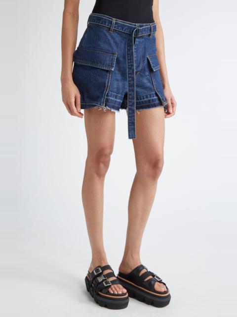 sacai Sacai Belted Frayed Release Hem Cargo Denim Shorts in Blue 401 at Nordstrom
