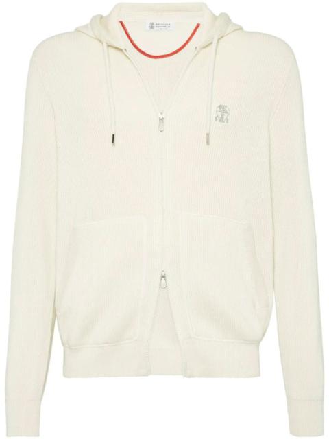Brunello Cucinelli Men Cotton English Rib Knit Hooded Sweatshirt With Logo And Zipper