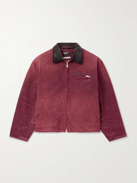 Corduroy-Trimmed Printed Distressed Cotton-Canvas Jacket
