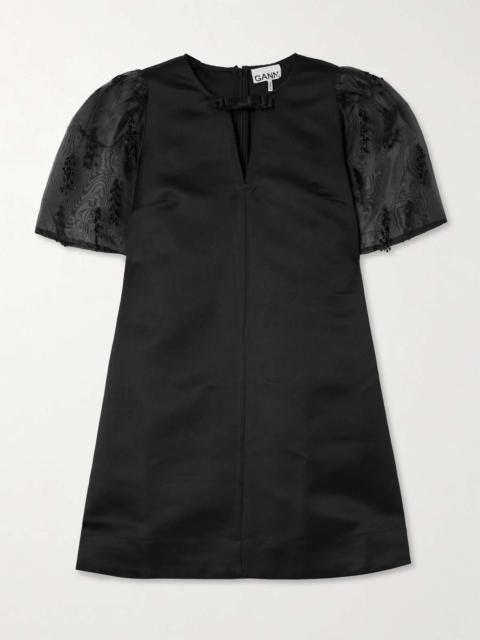 Embroidered organza-trimmed recycled-crepe mini dress Black