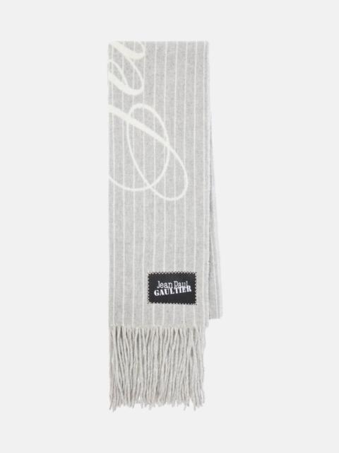 Logo pinstripe fringed wool scarf