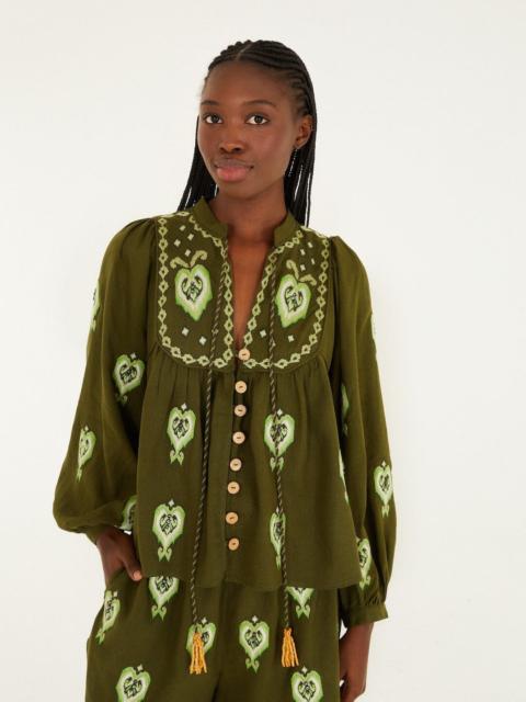 FARM RIO Green Embroidered Puff Sleeve Lenzing™ Ecovero™ Euroflax™ Blouse