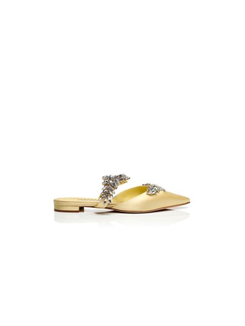 Manolo Blahnik Cream Satin Crystal Embellished Flat Mules