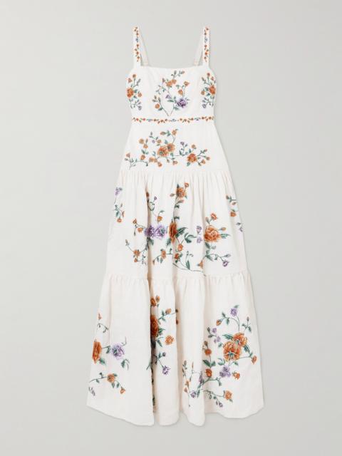 Agua by Agua Bendita Lima Tiered Pleated Embroidered Linen Maxi Dress