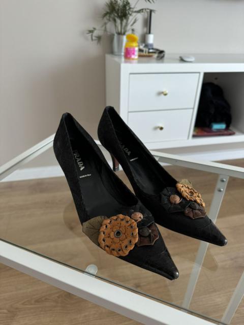 Other Designers Avant Garde - Prada heels shoes black with flowers Italy vintage rare