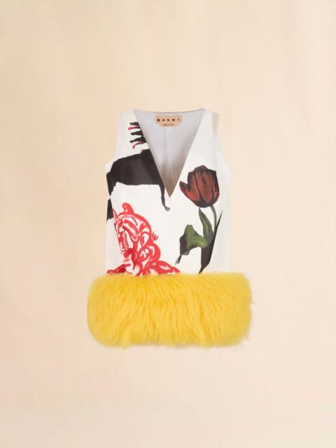 Marni WHITE SATIN MINI DRESS WITH FUR HEM