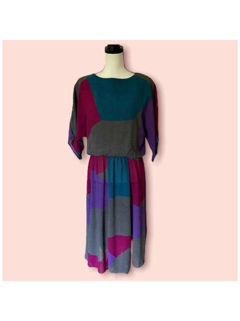 Other Designers Vintage 80s Kono Teal Purple Gray Fuchsia Colorblock Office Day Dress L XL