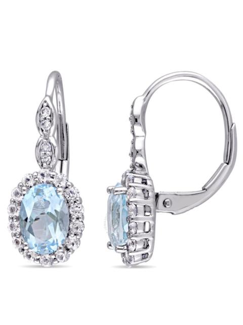 Other Designers Amour - AMOUR Oval Shape Blue Topaz, White Topaz and Diamond Accent Vintage Leverback Earrings In 14K White 